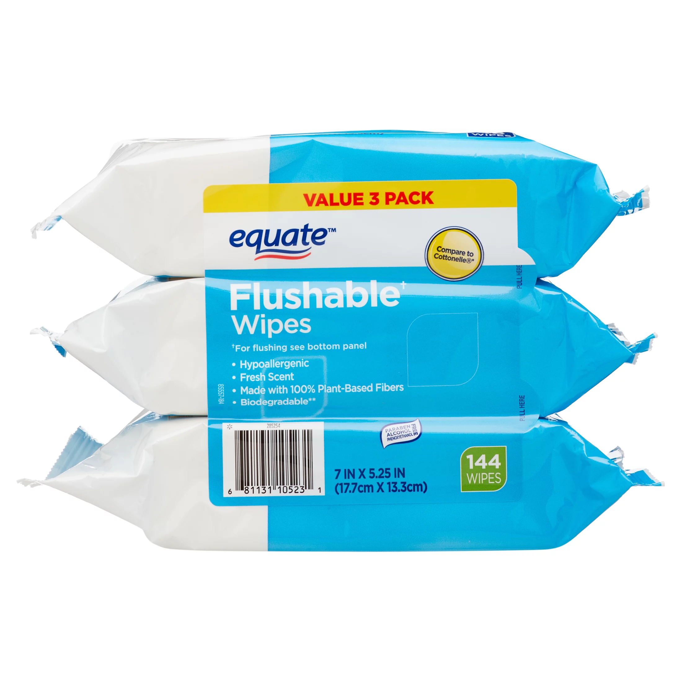 Equate 144 Count Fragrance Free Flushable Wipes, 3 Packs of 48