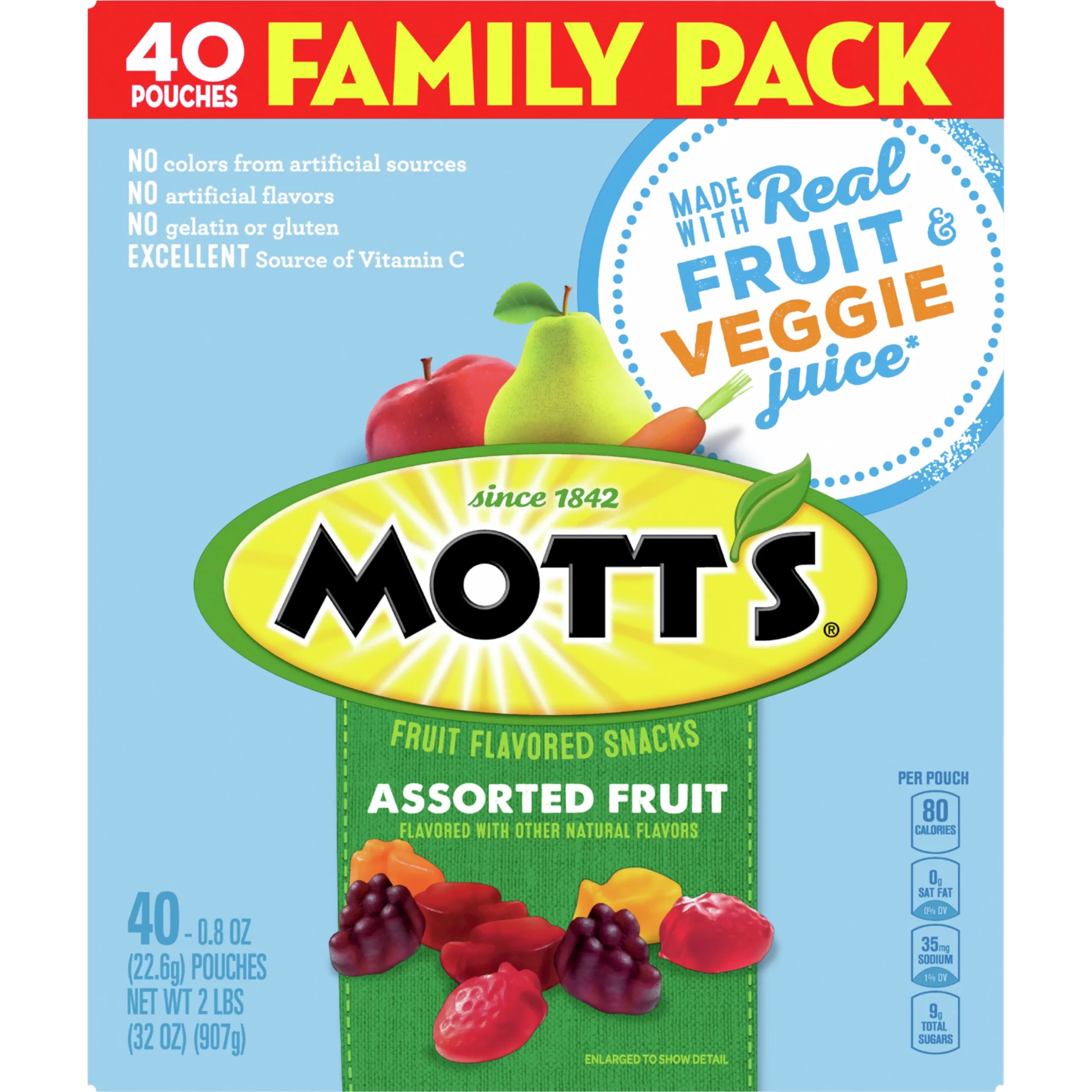 Mott's Fruit Flavored Snacks, Assorted Fruit, Pouches, 0.8 oz, 40 ct