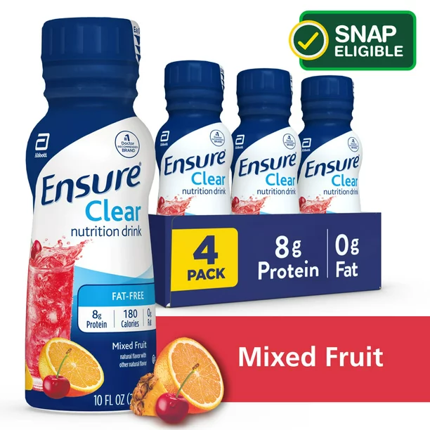 Ensure Clear Nutrition Drink, 0g fat, 8g of high-quality protein, Mixed Fruit, 10 fl oz, 4 Count