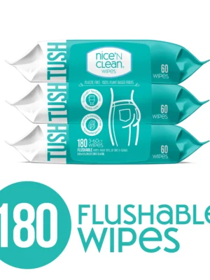 Nice N Clean Plant-Based Flushable Wet Wipes, 3 Flip-Top Packs (180 Total Wipes)