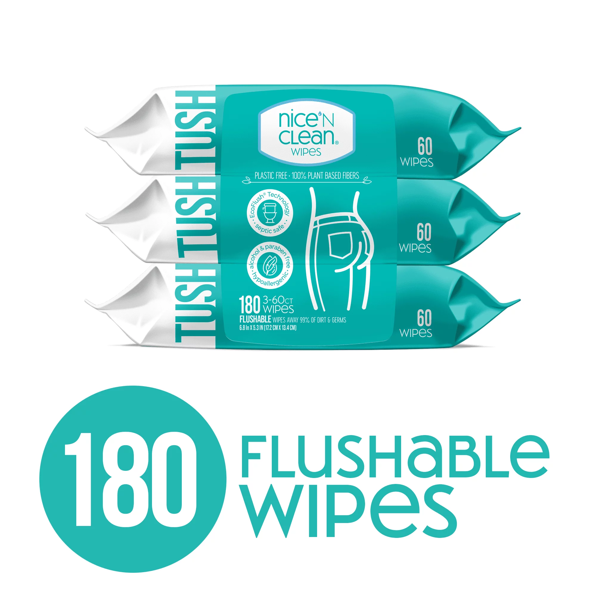 Nice N Clean Plant-Based Flushable Wet Wipes, 3 Flip-Top Packs (180 Total Wipes)