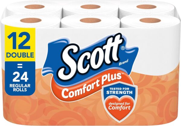 Scott ComfortPlus Toilet Paper, 12 Double Rolls, 231 Sheets per Roll, Septic-Safe, 1-Ply Toilet Tissue