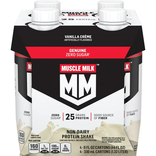 Muscle Milk Genuine On-the-Go Protein Shake, Vanilla Crème, 11 fl oz Carton, 4 Pack